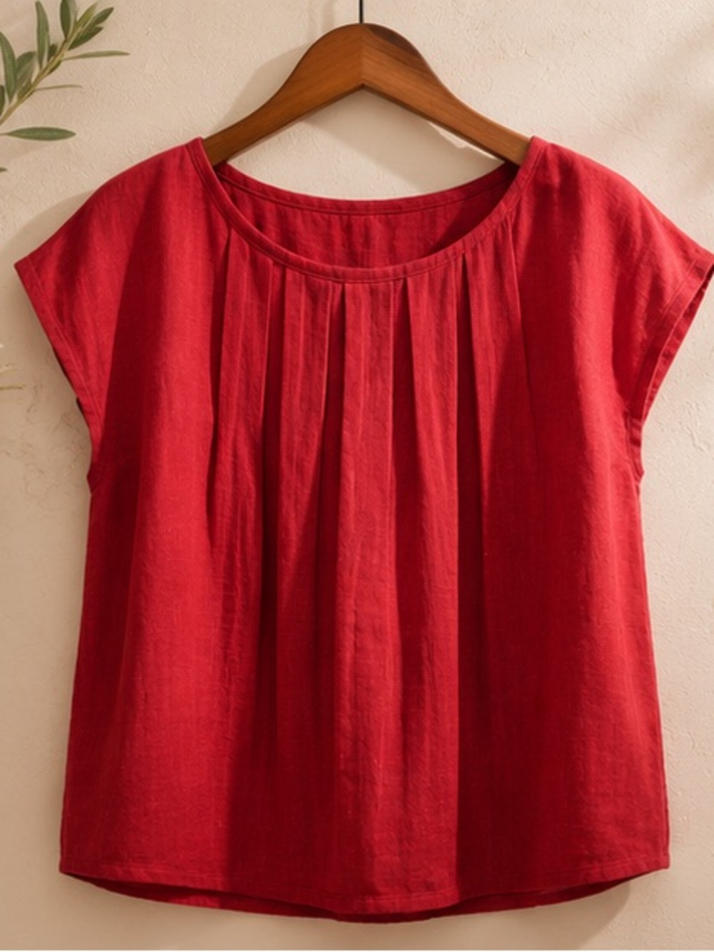 Red Pleated Cap-Sleeve Women's Top